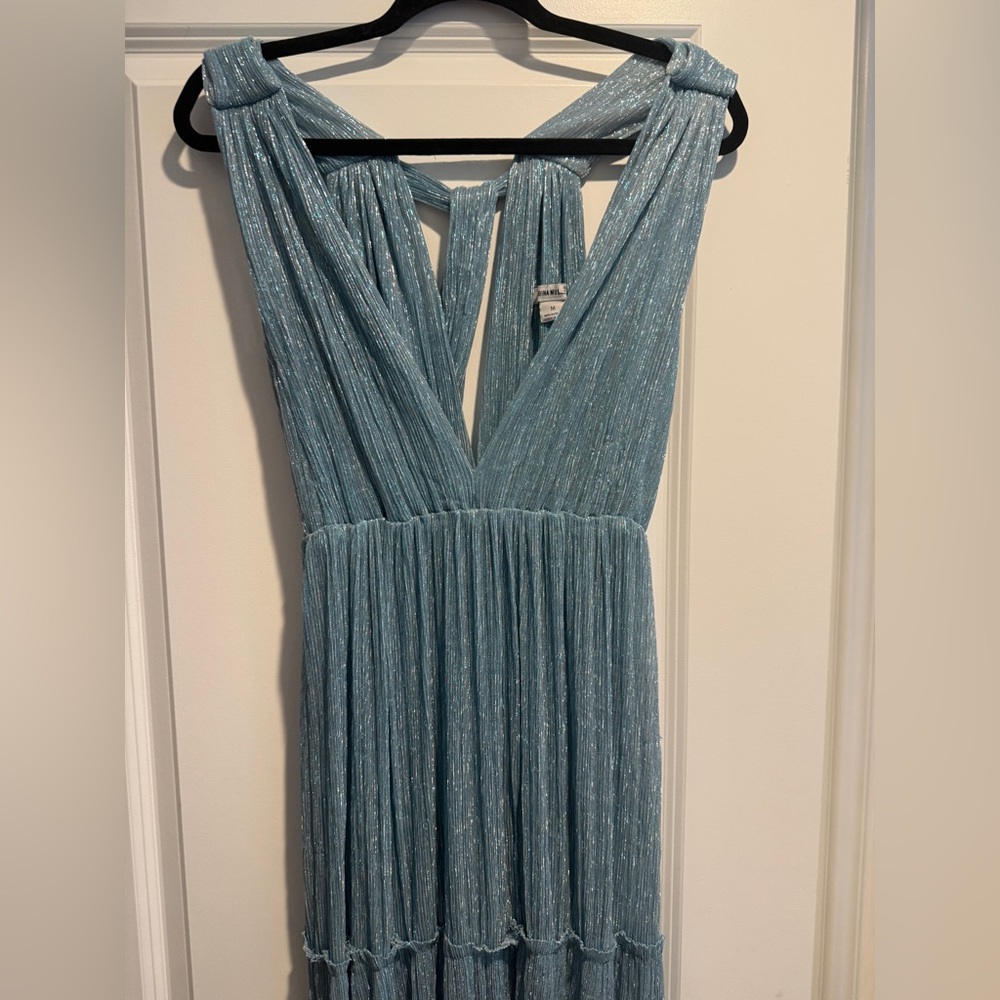 Sabina Musayev Skylar Dress in Marine Blue Metallic Shimmer Missing Belt Sz M - Picture 6 of 11